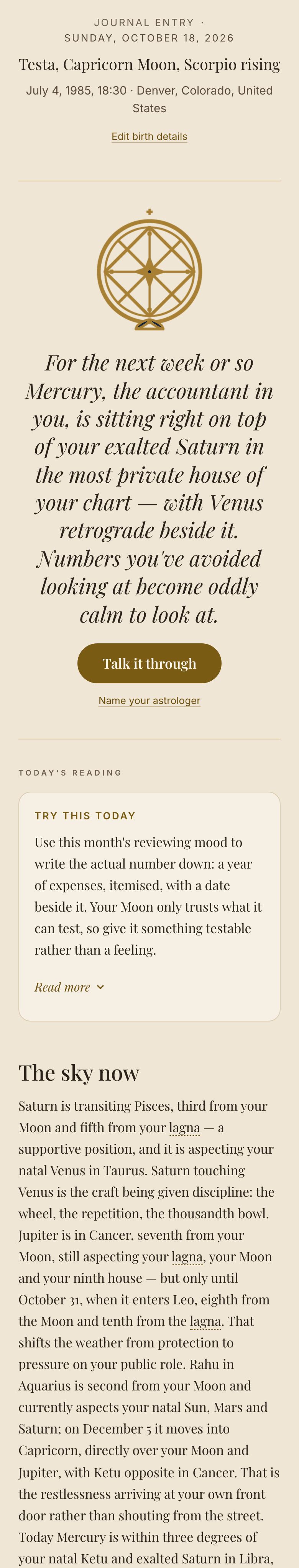 A journal entry for Sunday, October 18, 2026: a large line about the day's astrology for this chart, a Talk it through button, a Try this today suggestion, and the start of The sky now.